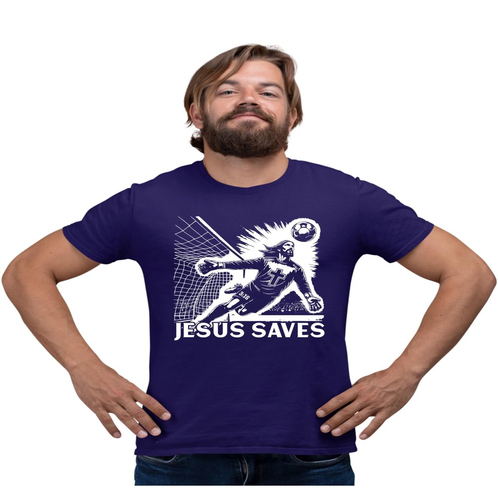 4X-Large Purple Mens Jesus Saves Funny Easter Christian Soccer Goalie T-Shirt