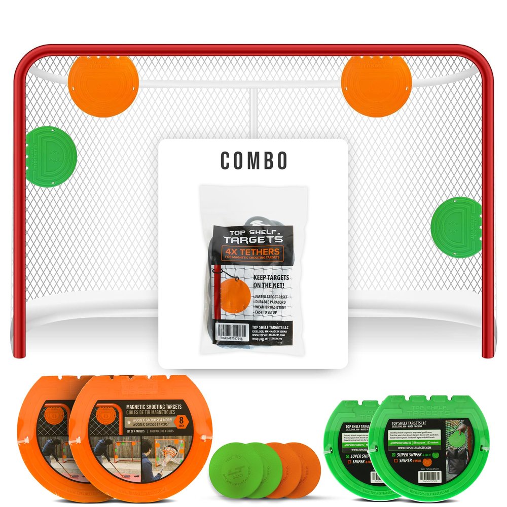 Combo Bundle of Durable Magnetic Lacrosse Goal Targets/Hockey Targets with 4 Pearl Lacrosse LT Textured Balls and 4 Tethers| Lacrosse Net Goalie Targets for Shooting Practice and Training