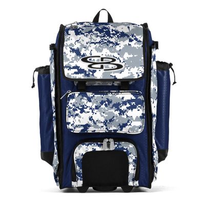 Boombah Rolling Catchers Superpack Baseball/Softball Gear Bag - PS-9124-3000C23 Digital Camo Royal/Gray- Telescopic Handle and Holds 4 Bats - Wheeled Version
