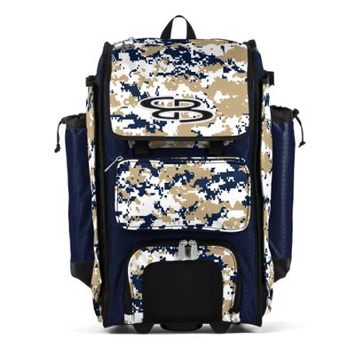 Boombah Rolling Catchers Superpack Baseball/Softball Gear Bag - PS-9124-3000C23 Digital Camo Navy/Vegas Gold- Telescopic Handle and Holds 4 Bats - Wheeled Version