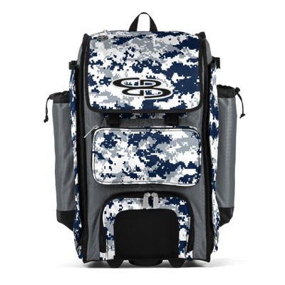 Boombah Rolling Catchers Superpack Baseball/Softball Gear Bag - PS-9124-3000C23 Digital Camo Gray/Navy- Telescopic Handle and Holds 4 Bats - Wheeled Version