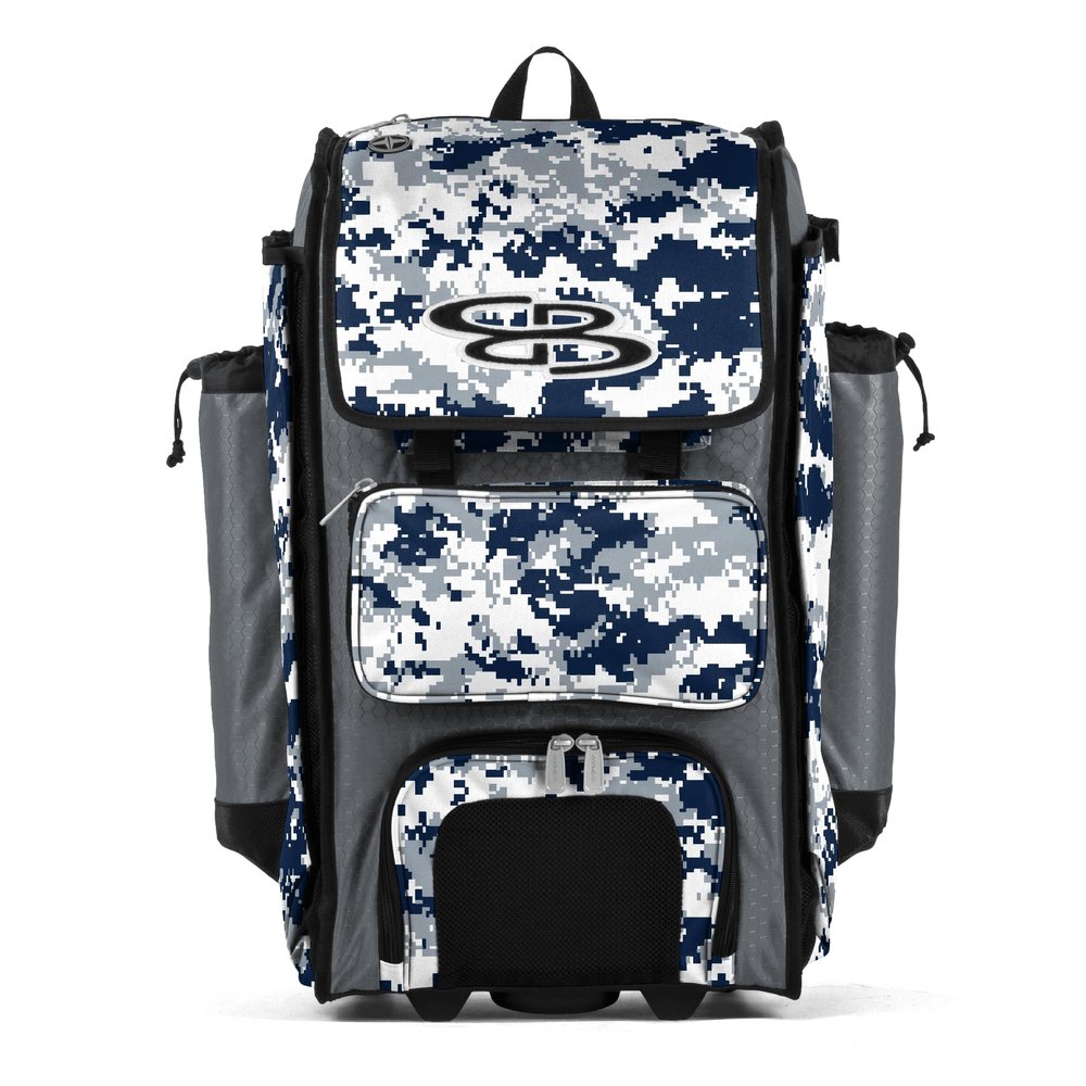 Boombah Rolling Catchers Superpack Baseball/Softball Gear Bag - PS-9124-3000C23 Digital Camo Gray/Navy- Telescopic Handle and Holds 4 Bats - Wheeled Version