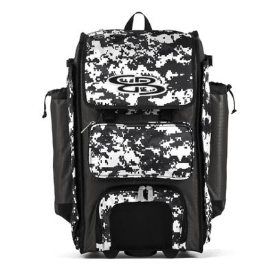 Boombah Rolling Catchers Superpack Baseball/Softball Gear Bag - PS-9124-3000C23 Digital Camo Charcoal/Black- Telescopic Handle and Holds 4 Bats - Wheeled Version