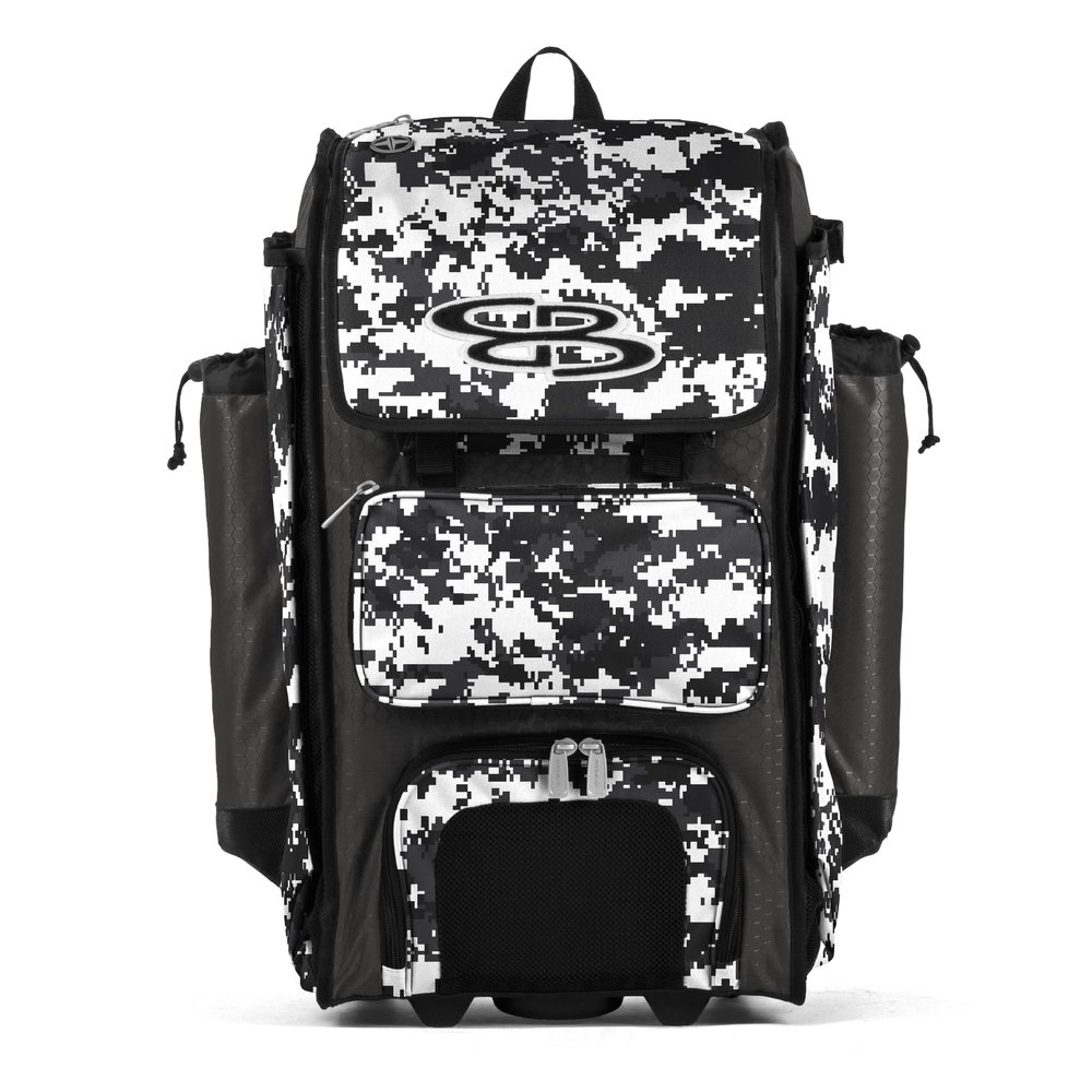 Boombah Rolling Catchers Superpack Baseball/Softball Gear Bag - PS-9124-3000C23 Digital Camo Charcoal/Black- Telescopic Handle and Holds 4 Bats - Wheeled Version