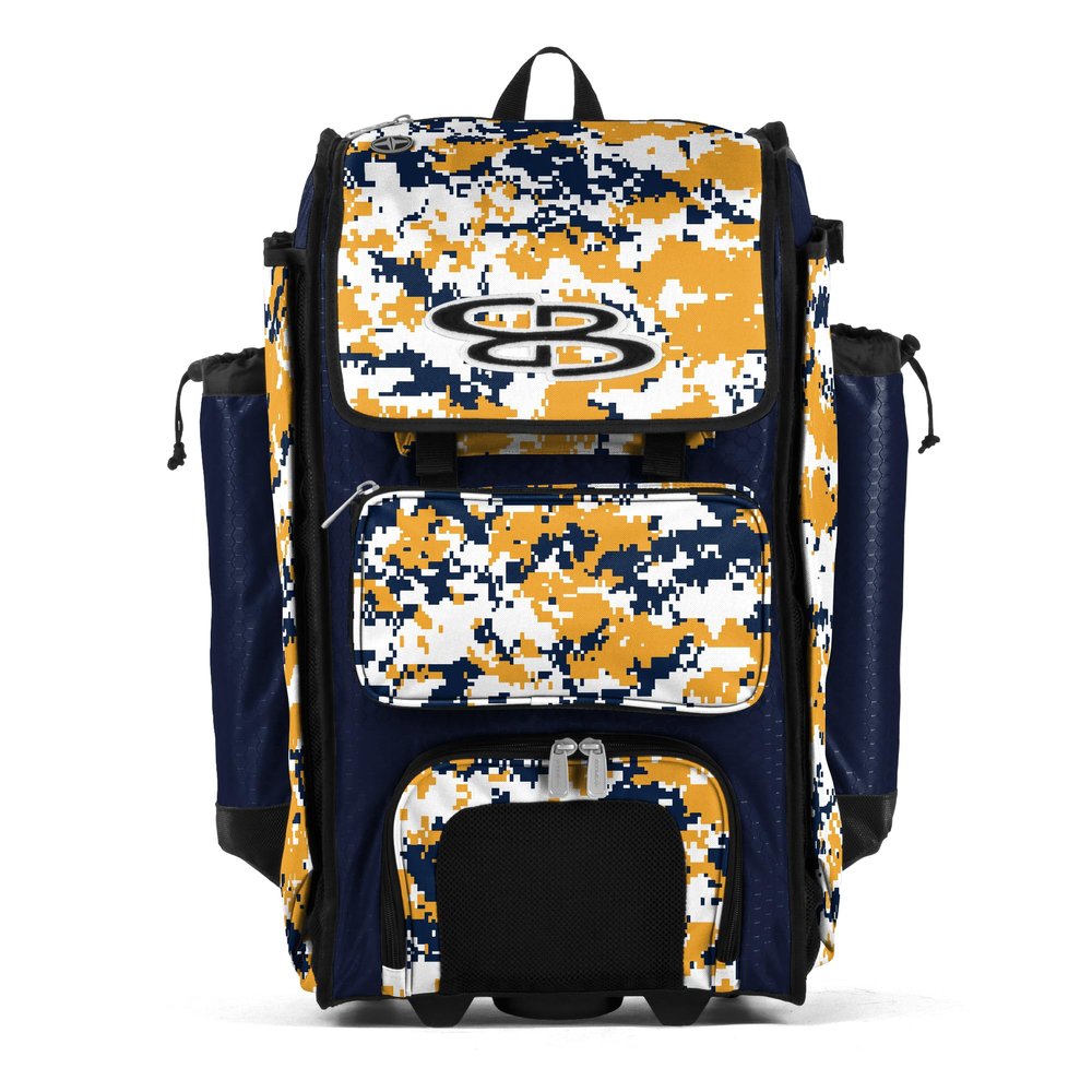 Boombah Rolling Catchers Superpack Baseball/Softball Gear Bag - PS-9124-3000C23 Digital Camo Navy/Gold- Telescopic Handle and Holds 4 Bats - Wheeled Version
