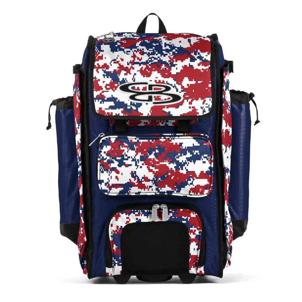 Boombah Rolling Catchers Superpack Baseball/Softball Gear Bag - PS-9124-3000C23 Digital Camo Royal/Red- Telescopic Handle and Holds 4 Bats - Wheeled Version
