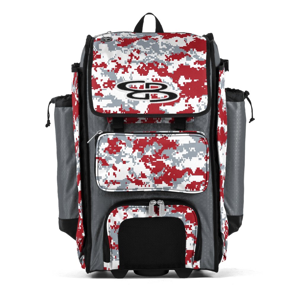 Boombah Rolling Catchers Superpack Baseball/Softball Gear Bag - PS-9124-3000C23 Digital Camo Gray/Red- Telescopic Handle and Holds 4 Bats - Wheeled Version