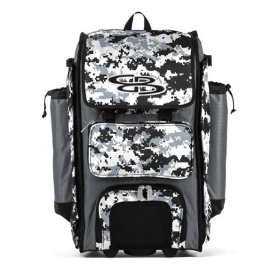 Boombah Rolling Catchers Superpack Baseball/Softball Gear Bag - PS-9124-3000C23 Digital Camo Gray/Black- Telescopic Handle and Holds 4 Bats - Wheeled Version