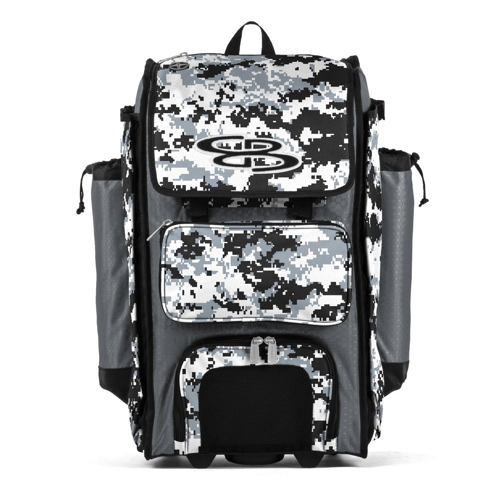 Boombah Rolling Catchers Superpack Baseball/Softball Gear Bag - PS-9124-3000C23 Digital Camo Gray/Black- Telescopic Handle and Holds 4 Bats - Wheeled Version