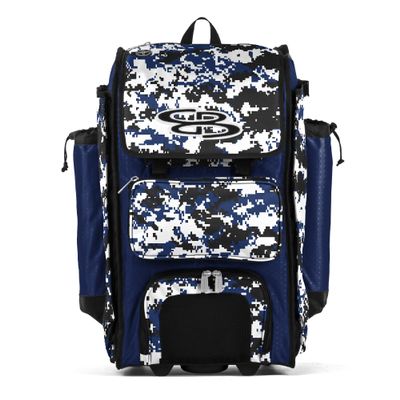 Boombah Rolling Catchers Superpack Baseball/Softball Gear Bag - PS-9124-3000C23 Digital Camo Royal/Black- Telescopic Handle and Holds 4 Bats - Wheeled Version