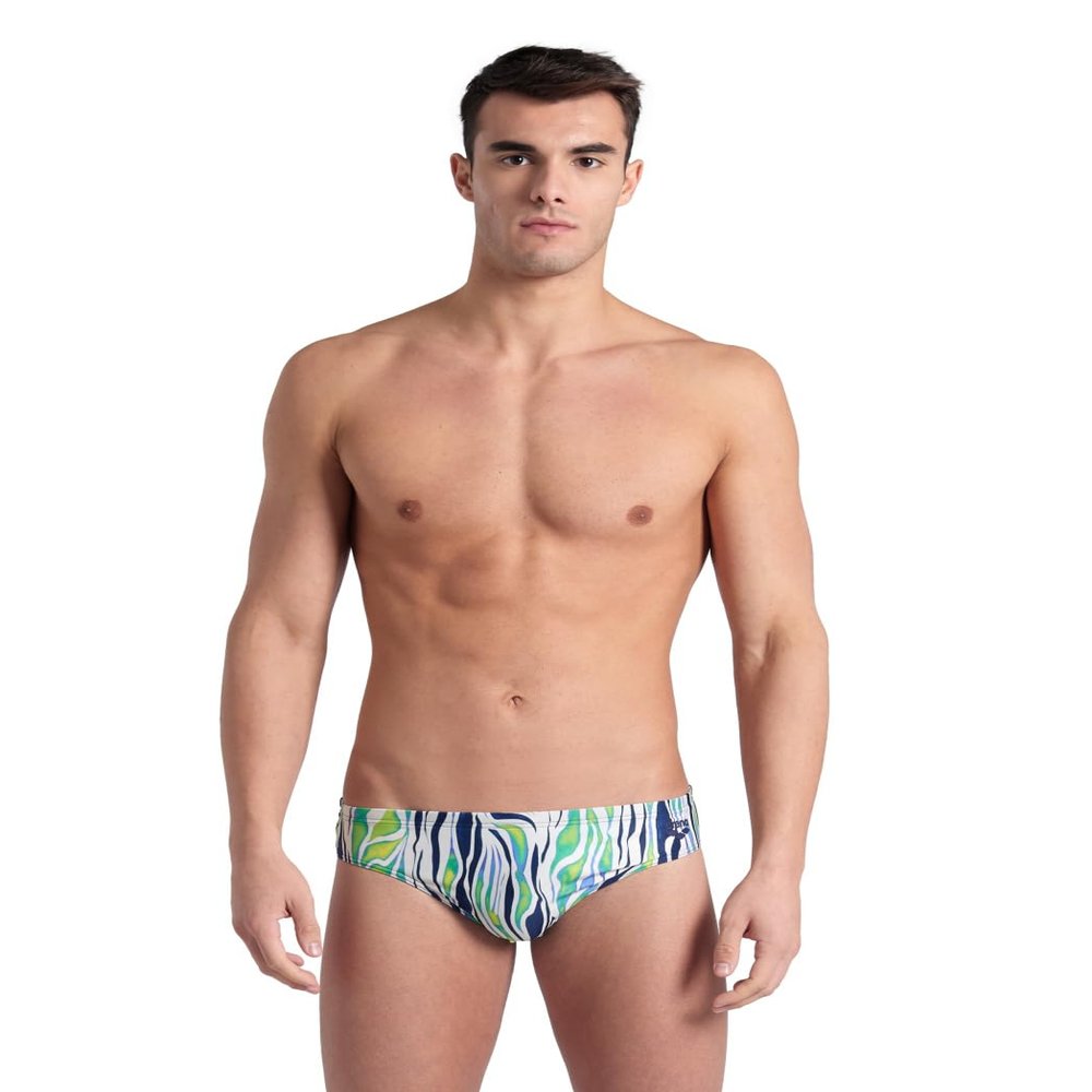 ARENA Performance Men's Zebra Stripes Swim Brief Chlorine Resistant MaxLife Swimsuit Practice Pool Training Competitive Bathing Suit, Multi/Navy, US Size 40