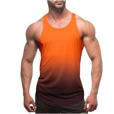 Ctreela String Tank Tops for Men Gradient Color Gym Shorts Workout Stringer Tanks Athletic Bodybuilding Muscle Tees Shirts Orange