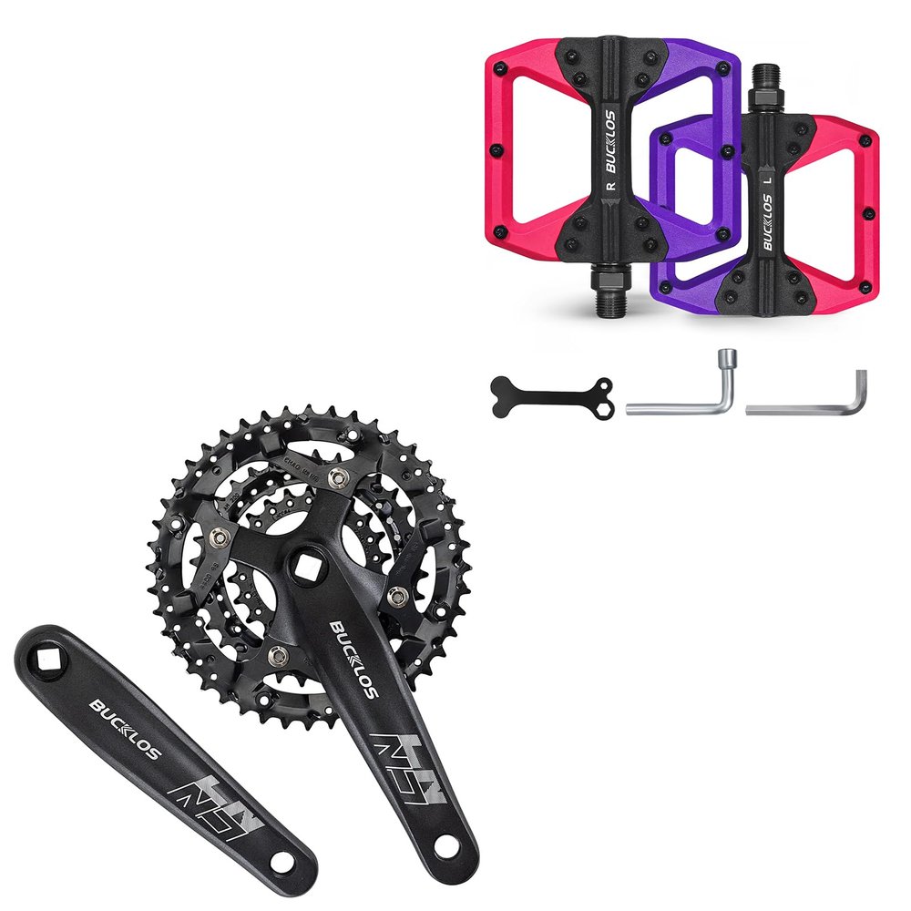BUCKLOS MTB Crankset Square Taper with 22/24/26/32/38/42/44T Chainring Set and MTB Flat Nylon Bicycle Pedal with Large Platform -Non-Slip Colorful Pedals