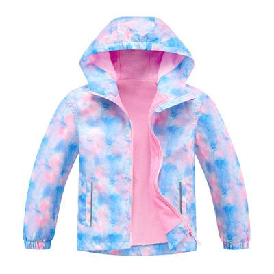 C2M Girls Hooded Rain Jacket Windproof Raincoat Fleece Lined Outerwear 7-8 Years Pastel Blue Pink