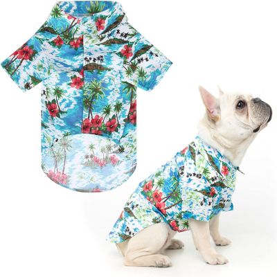 1Pcs Pet Shirts Hawaiian Pet Dog Polo T-Shirts Hawaiian Pet Clothes Beach Coconut Tree Print Pet Summer Shirt (S,Blue)