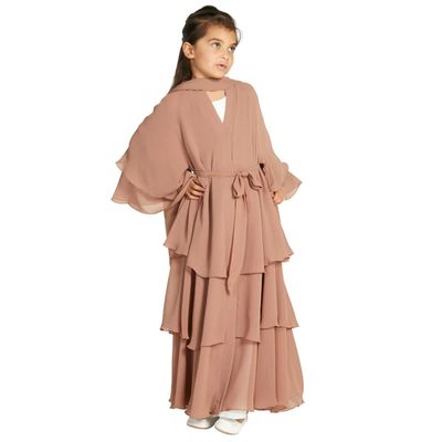 IBTOM CASTLE Abaya for Girls Muslim: Long Flare Sleeve Open Front Three-layered Chiffon Cardigan Maxi Dresses Dubai Kaftan Islamic Abaya Dress Middle East Festival Arabian Robeee Khaki 4-5 Years