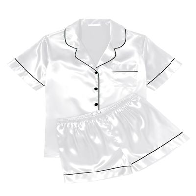 Ekouaer Womens Silk Satin Pajama Sets Soft Short Sleeve Button Down Sleepwear Top and Shorts 2 Piece Pjs Lounge Set,White,S