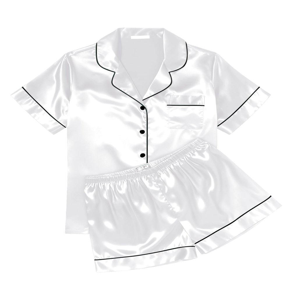 Ekouaer Womens Silk Satin Pajama Sets Soft Short Sleeve Button Down Sleepwear Top and Shorts 2 Piece Pjs Lounge Set,White,S