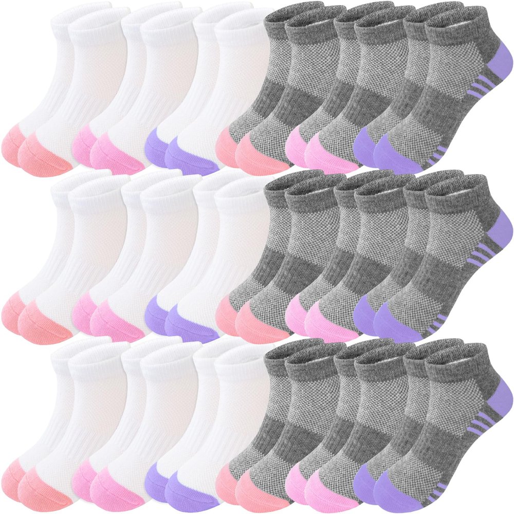 Bemeol Girls Socks 18 Pairs Ankle Socks for Girl Cotton Sports Athletic Running Low Cut Sock(5-7 Years)