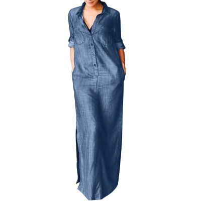 NATHGAM Plus Size Denim Dress for Women Oversized Long Sleeve Jean Maxi Dresses Loose Fit Button Up Lapel Dress Solid Dress