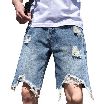 JEsilunmaMY Men's Frayed Raw Hem Denim Shorts Ripped Boyfriend Jean Shorts with Holes Distressed Summer Baggy Short Jeans (Blue1,28)
