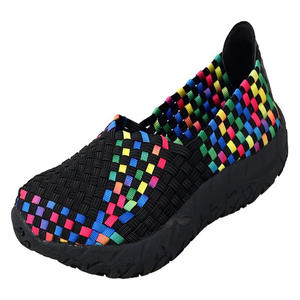 Lifup Women's Sidewalk Slip on Flat Elastic Woven Walking Shoes Lightweight Breathable Mesh Walking Sneakers Running Shoes Multicoloured 6.5