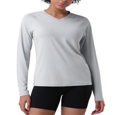 Pioneer Camp Women's UV Sun Protection SPF Shirt V Neck UPF 50+ Long Sleeve Workout Tops Quick Dry Rash Guard Hiking Running Light Grey