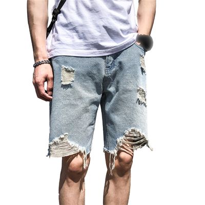 JEsilunmaMY Men's Frayed Raw Hem Denim Shorts Ripped Boyfriend Jean Shorts with Holes Distressed Summer Baggy Short Jeans (Blue2,29)
