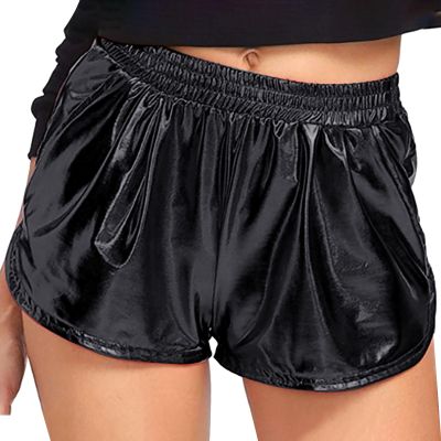 GOKKILRW Women's Metallic Shorts Elastic Waist Summer Sparkly Hot Outfit Shiny Leather Short Pants Loose Solid Disco Shorts