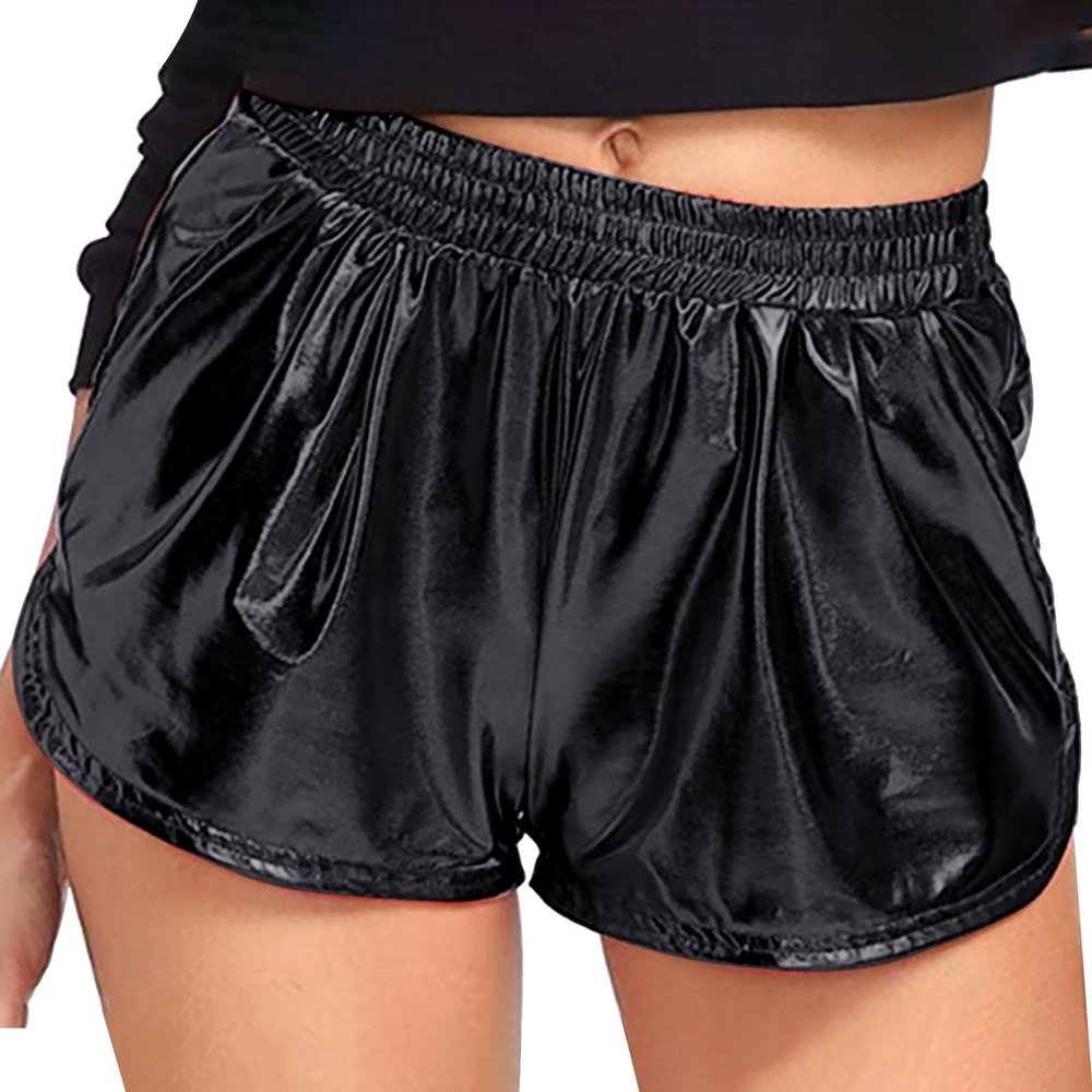 GOKKILRW Women's Metallic Shorts Elastic Waist Summer Sparkly Hot Outfit Shiny Leather Short Pants Loose Solid Disco Shorts