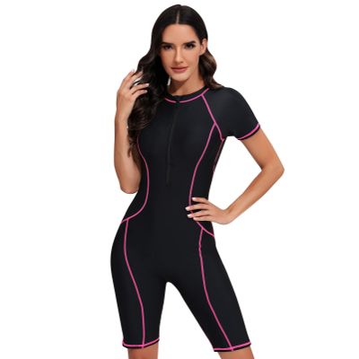 IMEKIS Rashguard Swimsuit for Women 2024: Boyleg Rash Guard Long Sleeve Modest Bathing Suit Unitard UV Protection Swimwear Surfing Athletic Surf Wetsuit Swim Suits UPF 50 Black + Pink Stripe X-Large