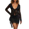 Women 2 Piece Outfits Floral Lace Open Front Tie Up Long Sleeve Crop Top Blouse Shirt and Mini Skirt Set (Black, L) view 1