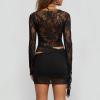 Women 2 Piece Outfits Floral Lace Open Front Tie Up Long Sleeve Crop Top Blouse Shirt and Mini Skirt Set (Black, L) view 3