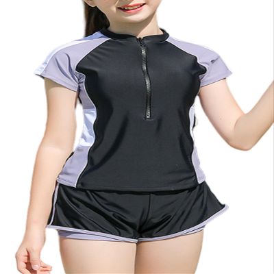Girl Swimwear Quick Dry Zipper Swimsuits Short Sleeve Rash Guard Water Sports Surfing Swimsuits with Shorts Two Piece Sun Protection Swimsuit