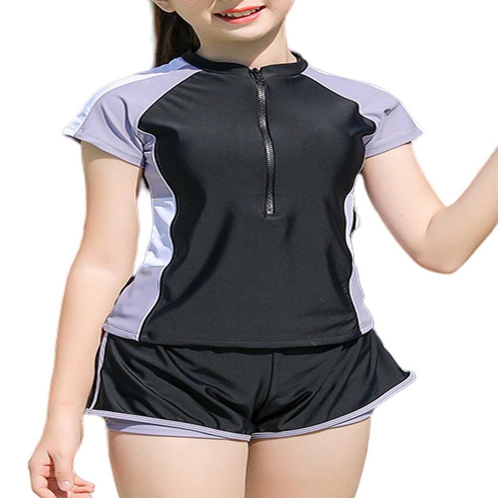 Girl Swimwear Quick Dry Zipper Swimsuits Short Sleeve Rash Guard Water Sports Surfing Swimsuits with Shorts Two Piece Sun Protection Swimsuit
