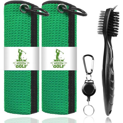 ATTRACTIVE Golf Towels, Microfiber Waffle Pattern Towels - Golf Club Brush with Cleaning (2 Green Towel+Black Brush)