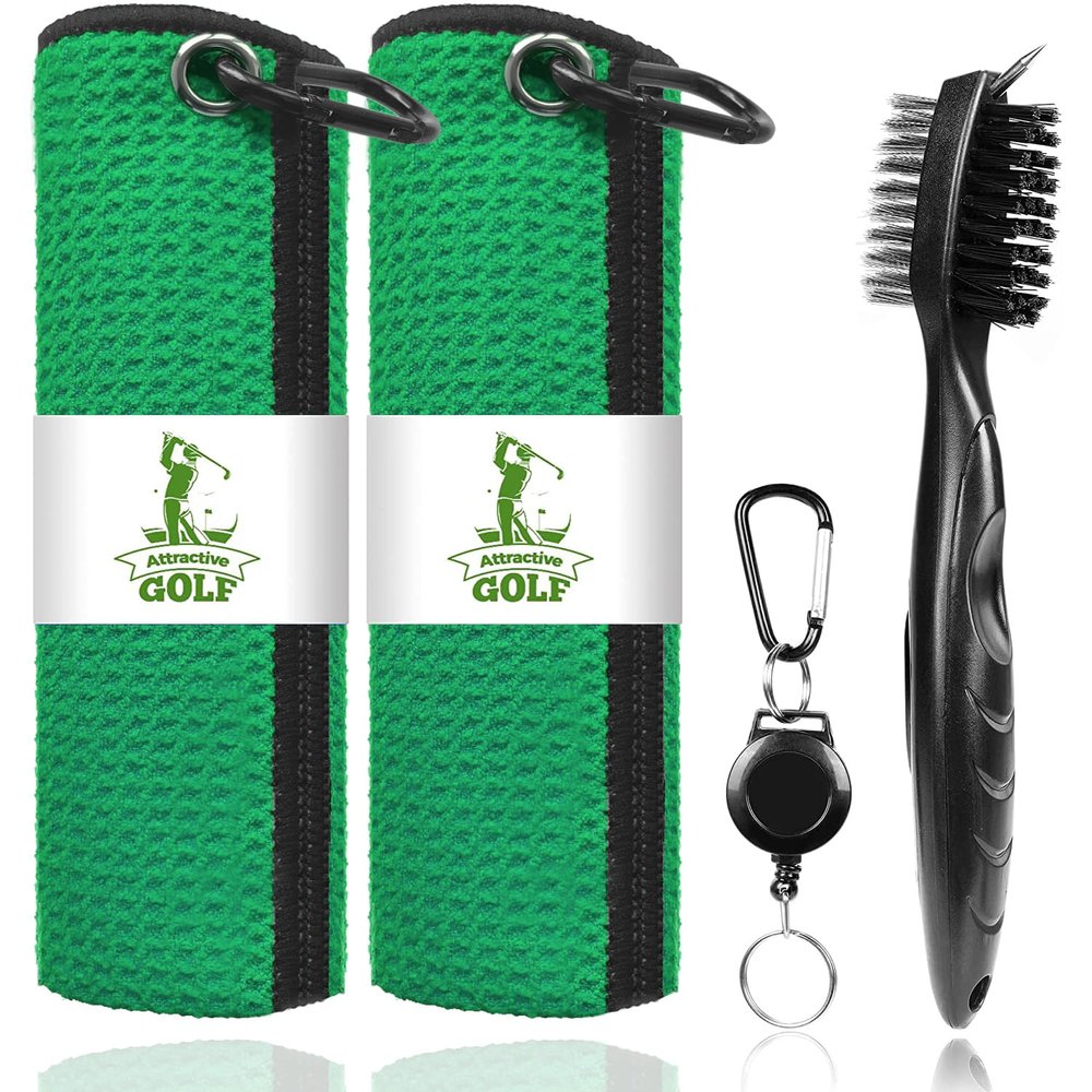 ATTRACTIVE Golf Towels, Microfiber Waffle Pattern Towels - Golf Club Brush with Cleaning (2 Green Towel+Black Brush)