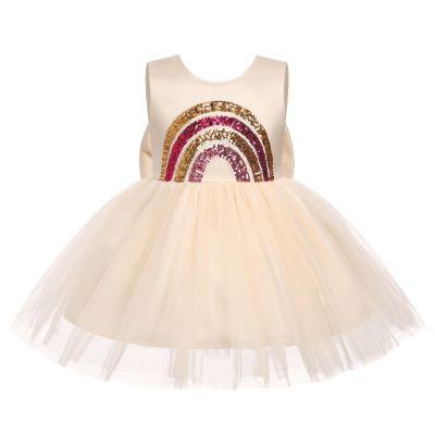ABEWIP Girls Rainbow Sequin Tulle Dress Ruffle Sparkle Toddler Girl Kids Party Bridesmaid Wedding Gown Dresses Apricot 3-4y