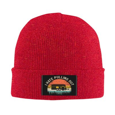 I Hate Pulling Out Camping Trailer Retro Vintage Retro Travel Beanie Hat Women Men Knit Skull Cap Knitted Hat Red