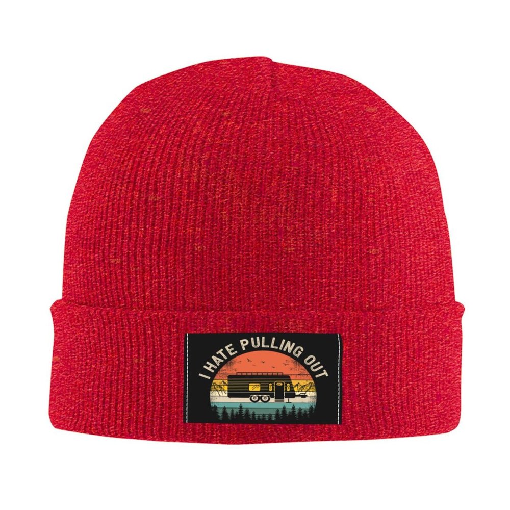 I Hate Pulling Out Camping Trailer Retro Vintage Retro Travel Beanie Hat Women Men Knit Skull Cap Knitted Hat Red