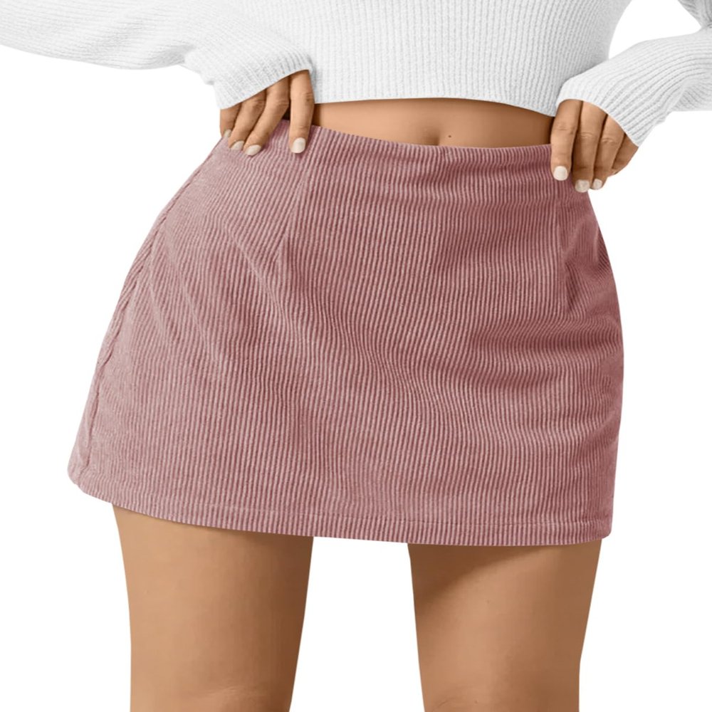 Wenrine Womens Corduroy Mini Skirt High Waisted Basic Casual A-line Short Fall Winter Skirts Pink