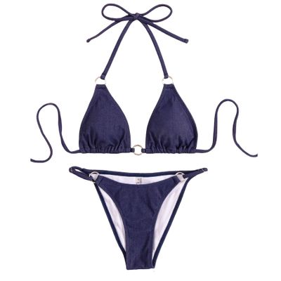 jasasccel Women's Denim Bikini Set Sexy High Cut Bathing Suit Halter Two Piece Swimsuits Spaghetti Cheeky Triangle Top Bra & Thong, Large, Dark Blue-padded