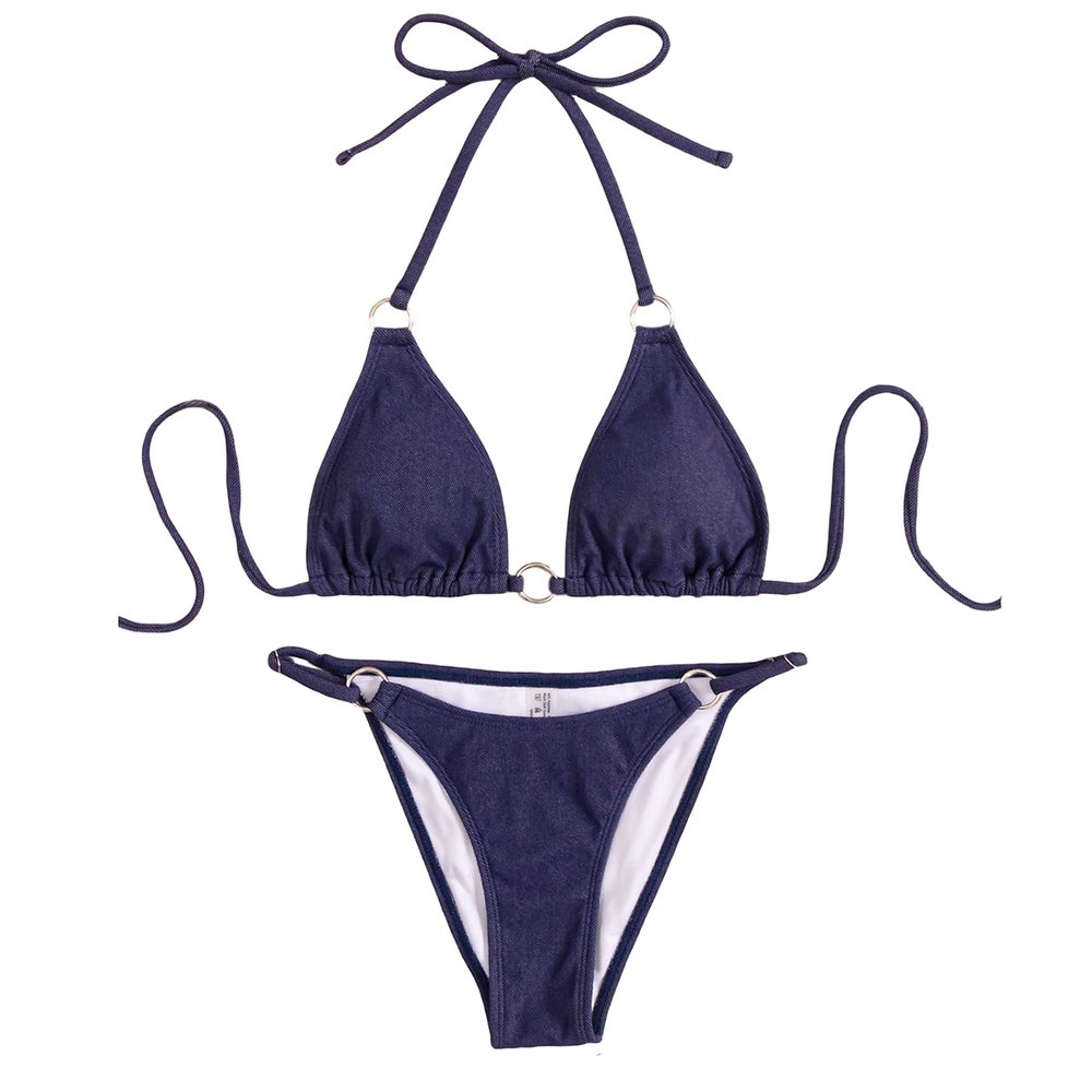 jasasccel Women's Denim Bikini Set Sexy High Cut Bathing Suit Halter Two Piece Swimsuits Spaghetti Cheeky Triangle Top Bra & Thong, Large, Dark Blue-padded