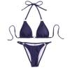jasasccel Women's Denim Bikini Set Sexy High Cut Bathing Suit Halter Two Piece Swimsuits Spaghetti Cheeky Triangle Top Bra & Thong, Large, Dark Blue-padded view 1