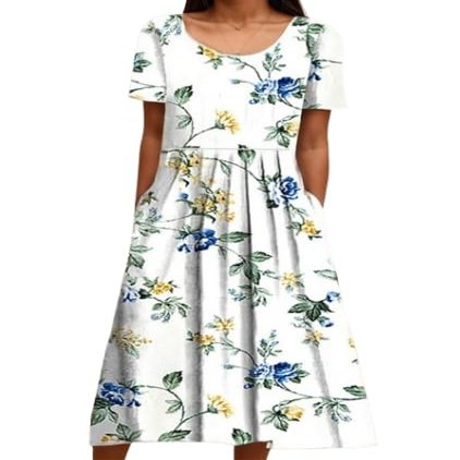 Akivide Women Casual Short Sleeve Boho Floral Print Maxi Dress with Pocket Plus Size Summer Crewneck Flowy Beach Tshirt Dress
