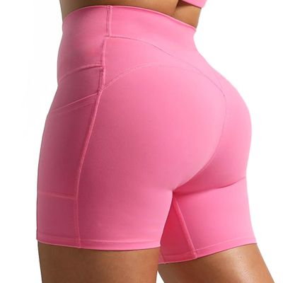 Aoxjox Biker Workout Shorts for Women with Pocket Legend Tummy Control High Waisted Athletic Gym Running Yoga Short 5" (Azalea Pink, Small)
