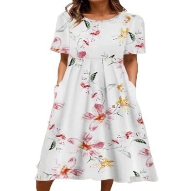 Akivide Women Casual Short Sleeve Boho Floral Print Maxi Dress with Pocket Plus Size Summer Crewneck Flowy Beach Tshirt Dress