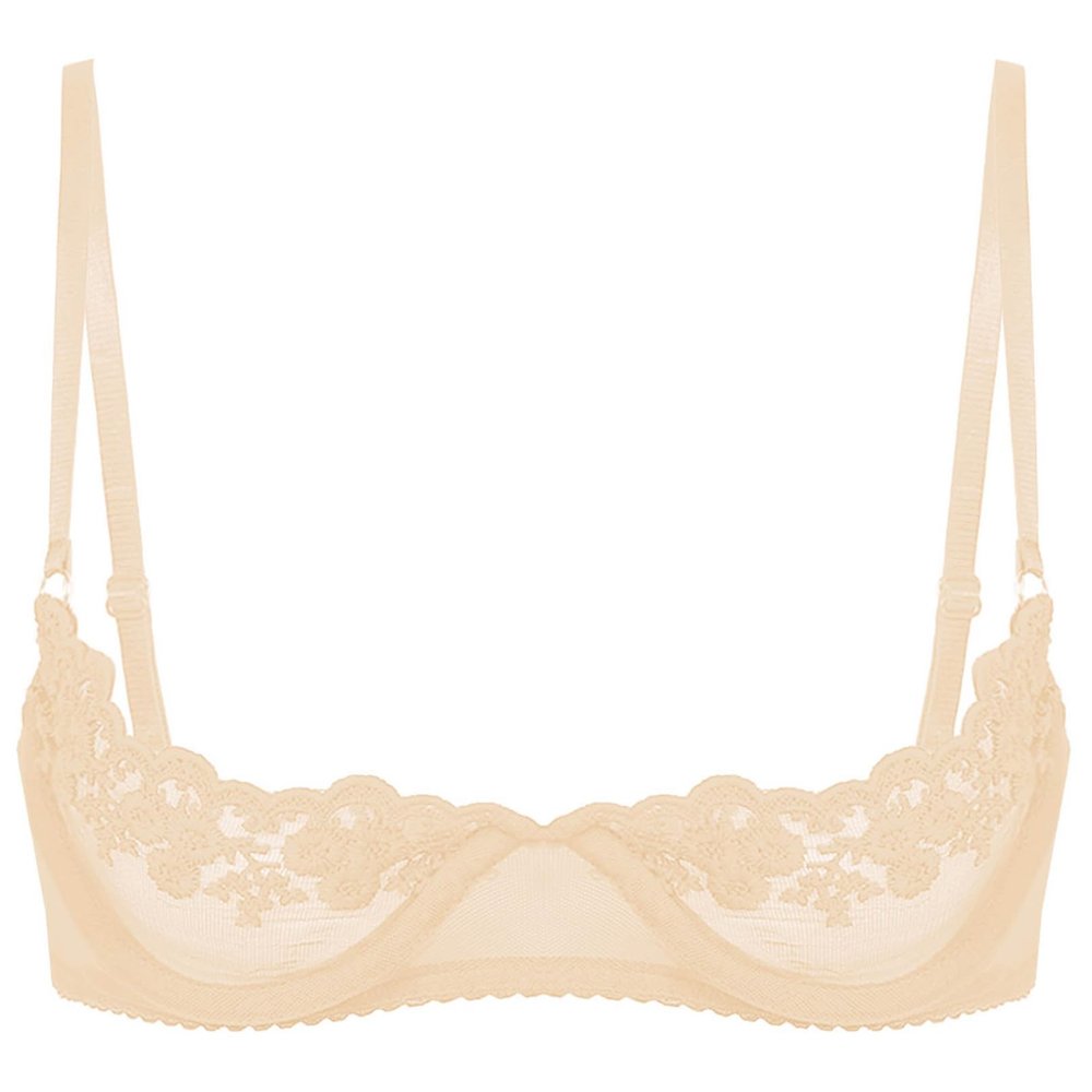 renvena Women's Sexy 1/4 Cup Lace Bra Balconette Mesh Underwired Unlined Demi Shelf Bra Daily Wear Nude B Large