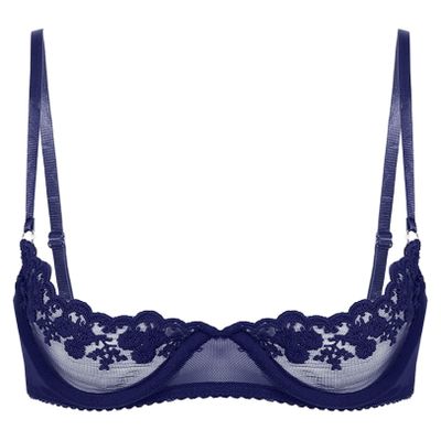 renvena Women's Sexy 1/4 Cup Lace Bra Balconette Mesh Underwired Unlined Demi Shelf Bra Daily Wear Navy Blue B Large