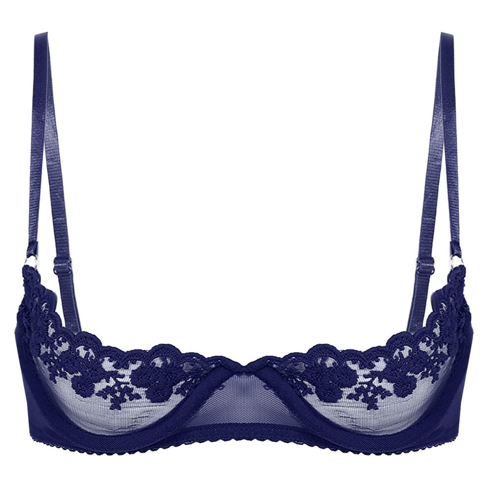 renvena Women's Sexy 1/4 Cup Lace Bra Balconette Mesh Underwired Unlined Demi Shelf Bra Daily Wear Navy Blue B Large